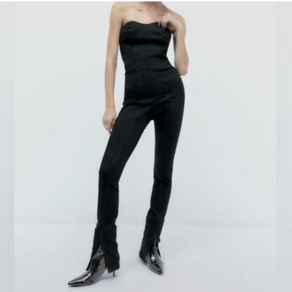 BNWT ZARA Denim Pants Jumpsuit Black with Sweetheart Top Size Small - Picture 1 of 8